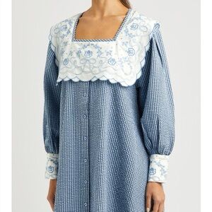 Damson Madder Blue Checkered Seer Sucker Mini Dress with Embroidery